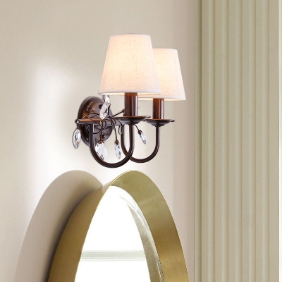 Tapered Shade Villa Wall Light Fabric 1/2 Heads Antique Style Wall Sconce with Crystal Leaf