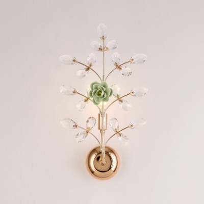 Twig Study Room Sconce Light with Blossom & Crystal Metal 1 Light Elegant Wall Lamp in Green/Pink/White