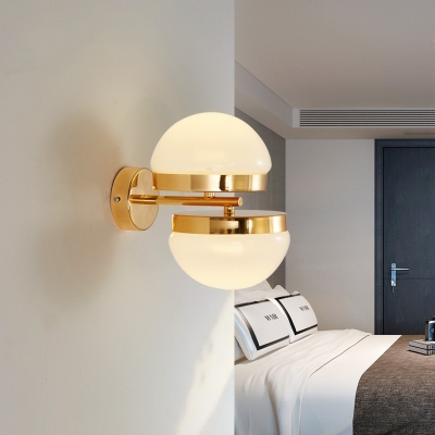 2-Light Hemisphere Wall Lamp for Bedside Hallway Post Modern White Glass Wall Lighting in Gold Finish