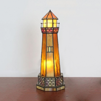 Tiffany Creative Lighthouse Table Light with Plug-In Cord Stained Glass Night Light for Baby Bedroom
