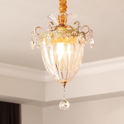 Dome Living Room Pendant Light Metal & Clear Crystal 1 Head Mini Chandelier in Gold Finish