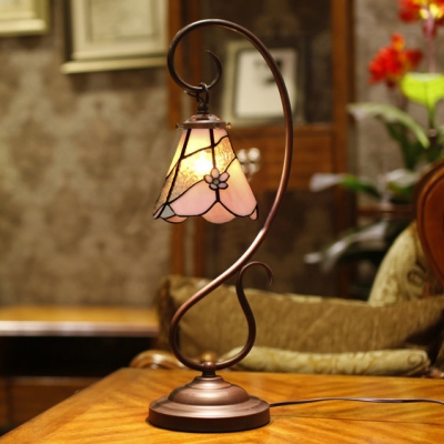 Conical Study Room Desk Light with Flower Art Glass 1 Light Tiffany Desk Lamp in Pink