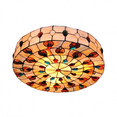 Beige Round Shaped Flush Ceiling Light Tiffany Classic Shell Ceiling Lamp with Bead for Bedroom