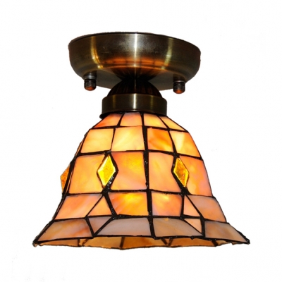 Brass Downlight Ceiling Mount Light 1 Head Tiffany Vintage Art Glass Flush Light for Foyer