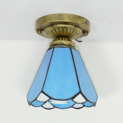 Art Glass Conical Ceiling Mount Light One Head Tiffany Classic Flush Light in Blue/White for Study Room
