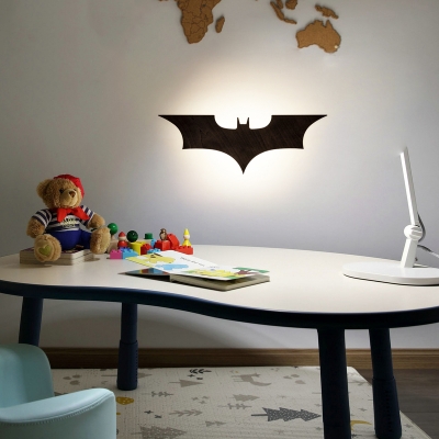 Cool Bat LED Wall Light Cartoon Wood Sconce Light in Black for Boys Bedroom Living Room