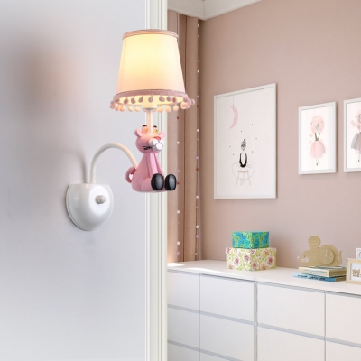 Fabric Tapered Shade Sconce Light with Toy Tiger Nursing Room 1 Light Cartoon Wall Lamp in Pink