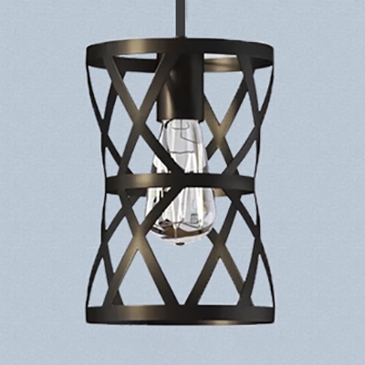 Black Cylinder Cage Pendant Light 1 Bulb Antique Stylish Metal Hanging Light for Restaurant