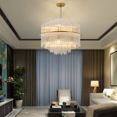 Clear Glittering Crystal Drum Pendant Light Living Room 8 Lights Romantic Chandelier in Gold