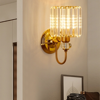 Cylinder Bedroom Bathroom Sconce Light Striking Crystal Modern Style Wall Lamp in Gold Finish