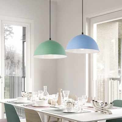 Metal Ribbed Dome Hanging Light 1 Bulb Nordic Style Hanging Lamp in Blue/Gray/Green/Yellow for Restaurant