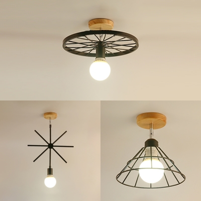Rotatable Industrial Flush Mount Light with Cone/Sputnik/Wheel Metal 1 Bulb Black Ceiling Lamp for Bedroom