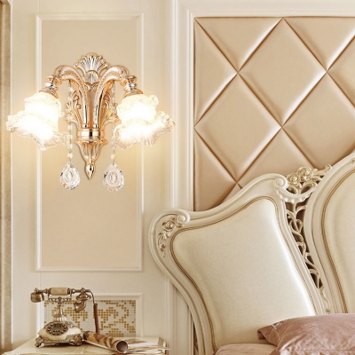 Luxurious Style Blossom Sconce Lamp Metal 1/2 Heads Gold Wall Light with Glittering Crystal for Restaurant