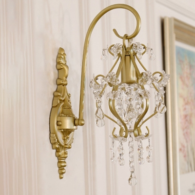 Metal Lantern Sconce Light with Crystal Bead 1 Light Antique Style Wall Lamp in Gold for Foyer Bathroom