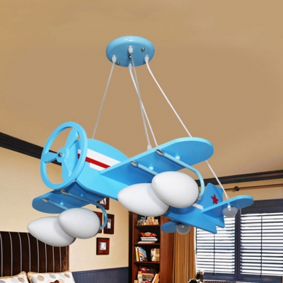 Modern Light Blue Pendant Lamp Propeller Airplane 4/6 Lights Wood Hanging Light for Kindergarten