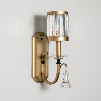 Modern Stylish Cylinder Wall Light with Clear Crystal Single Head Metal Sconce Light in Gold for Bedroom