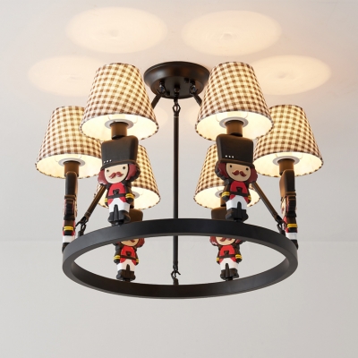 Resin Solider Hanging Light with Plaid/White Shade 6 Lights Chandelier in Black for Child Bedroom