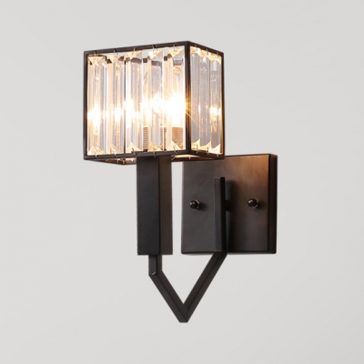 Single Light Rectangle Wall Light with Clear Crystal American Rustic Wall Lamp in Black for Stair