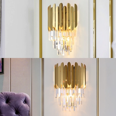 Stainless Steel Wall Light with Clear Crystal 2 Lights Luxurious Gold Finish Wall Sconce