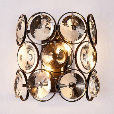 2 Lights Candle Wall Light with Ring Crystal Modern Style Metal Wall Lamp in Black for Living Room
