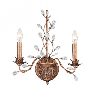 2 Lights Canle Wall Light with Crystal Leaf Antique Stylish Metal Sconce Light in Oiled Rubbed Bronze for Hotel
