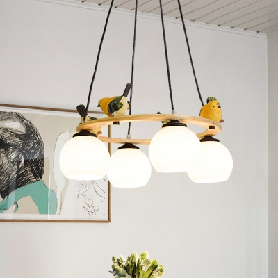 3/4/5 Lights Globe Shade Chandelier with Bird Modern Stylish Milk Metal Light in White for Bedroom