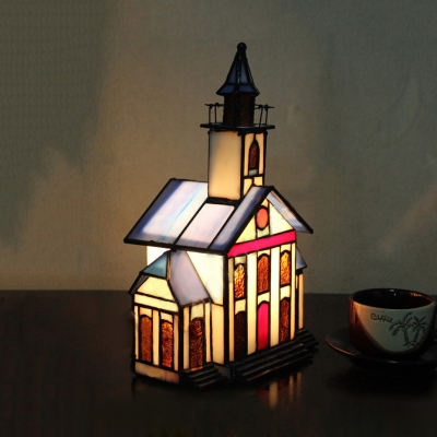 

Tiffany Lovely Church Desk Light Stained Glass 1 Light Plug-In Night Light for Bedroom Deco, HL538901