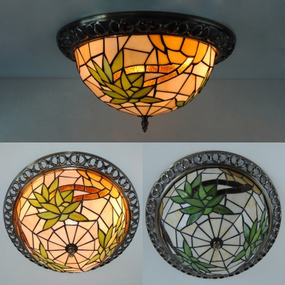 Dragonfly/Flower/Leaf Flush Mount Light 3 Lights Traditional Tiffany Stained Glass Ceiling Light for Corridor