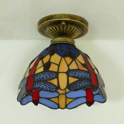 Stained Glass Dragonfly Ceiling Fixture One Bulb Tiffany Rustic Flush Mount Light in Blue/Orange for Kitchen