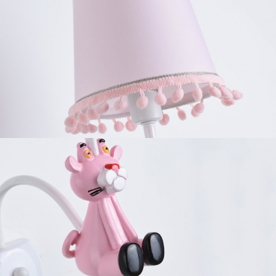 Fabric Tapered Shade Sconce Light with Toy Tiger Nursing Room 1 Light Cartoon Wall Lamp in Pink