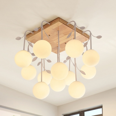 Asian Style Globe Ceiling Lamp with Leaf Wood Glass 5/12 Lights White Semi Flush Ceiling Light for Foyer