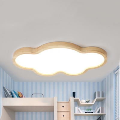 Cartoon Beige LED Ceiling Light Cloud Shape Wood Stepless Dimming Flush Mount Light for Study Room