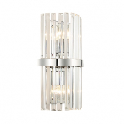 Chrome Cylinder Sconce Light 2 Lights Luxurious Clear Crystal Wall Lamp for Bedroom Foyer