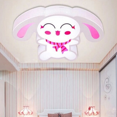 Cute Smiling Bunny Ceiling Lamp Metal Stepless Dimming/White LED Flush Mount Light in Pink for Nursing Room