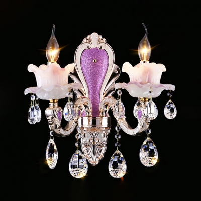 European Style Candle Wall Light with Teardrop Crystal Glass 1/2 Lights Purple Wall Lamp for Restaurant