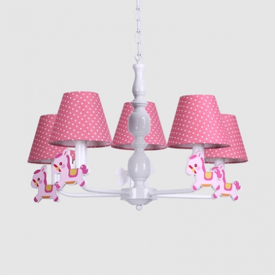 Fabric Dot Shade Hanging Light with Horse Child Bedroom 3/5 Lights Cartoon Chandelier in Blue/Pink