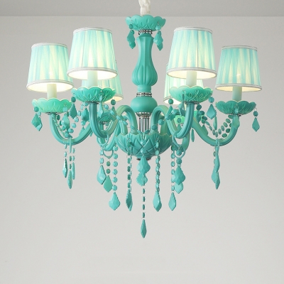Fabric Tapered Shade Chandelier with Crystal Shop 6 Lights Macaron Suspension Light in Blue/Green/Pink