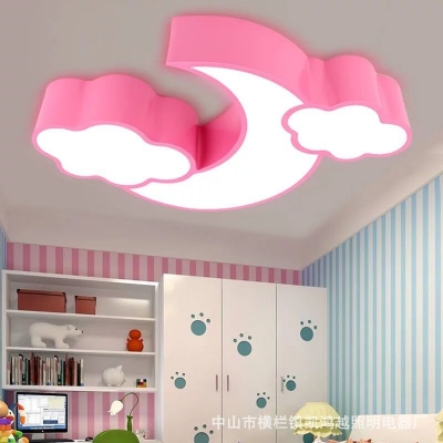 Kindergarten Crescent Cloud Flush Ceiling Light Acrylic Kids Stepless Dimming/Warm/White LED Ceiling Lamp in Blue/Pink/White