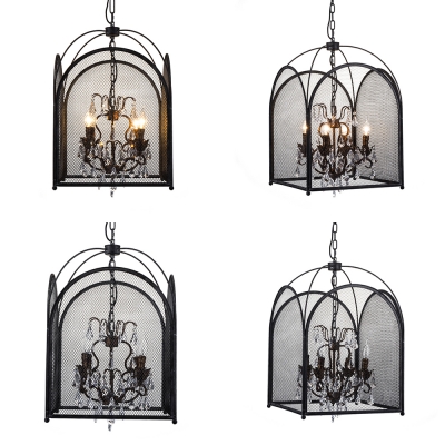 Living Room Candle Pendant Lamp with Mesh Screen & Crystal Metal 4 Lights Black Chandelier