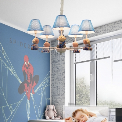 Lovely Monkey Pendant Light 5 Heads Metal Hanging Light with Dots Shade in Blue for Boys Bedroom