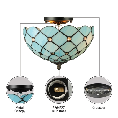 Mediterranean Sea Blue Pattern 12 Inch Semi Flush Mount Ceiling Light in Tiffany Stained Glass Style