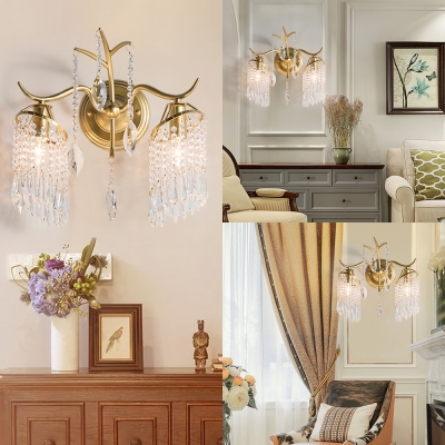 Metal Branch Sconce Light Living Room Two Lights Traditional Wall Light with Crystal Bead in Gold