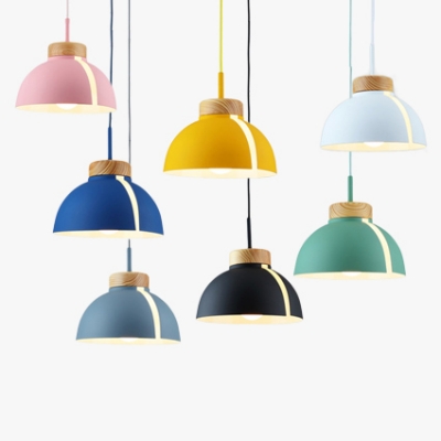 Metal Dome Shade Hanging Light Fixture Macaron Wood Finish Single Pendant Lamp in Multi Colors