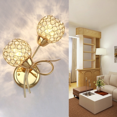 Metal Plant Shaped Sconce Light with Crystal Bead 2 Lights Modern Wall Light in Gold/Silver for Bedroom