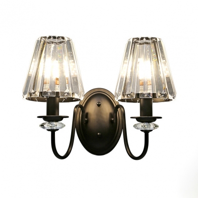 Metal Tapered Shade Sconce Light Villa Bedroom 2 Heads American Rustic Wall Lamp in Black