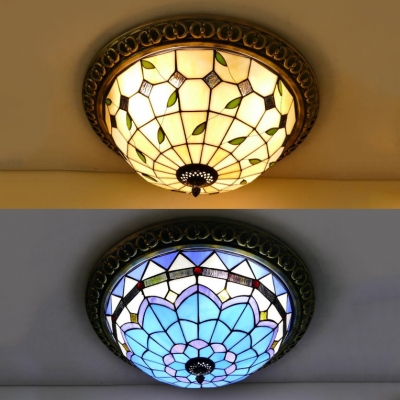 Stained Glass Dome Flush Ceiling Light Cloth Shop Tiffany Traditional Ceiling Lamp in Beige/Blue