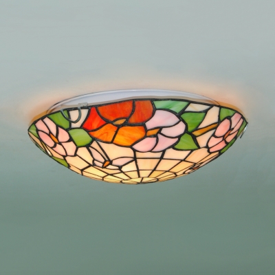 Tiffany Butterfly Flower Flush Mount Light Stained Glass Beige Ceiling Lamp for Study Room