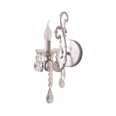 Traditional Candle Sconce Light with Clear Crystal Single Light Metal Wall Lamp in Gold/Silver for Bathroom