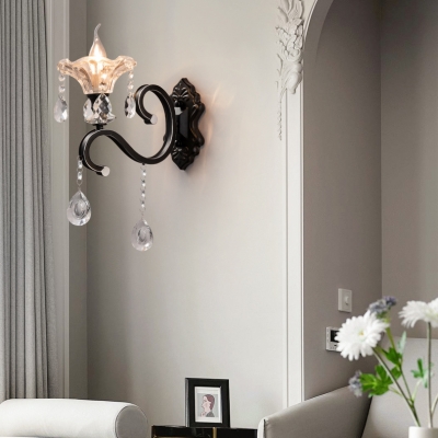Traditional Flower Wall Light with Glamorous Crystal Metal 1/2 Lights Black Sconce Light for Bedside