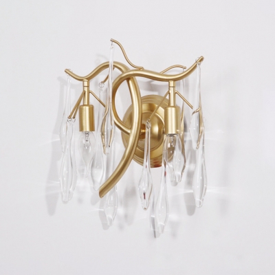 Twig Dining Room Wall Light Metal 2 Lights Contemporary Sconce Light with Teardrop Crystal in Gold